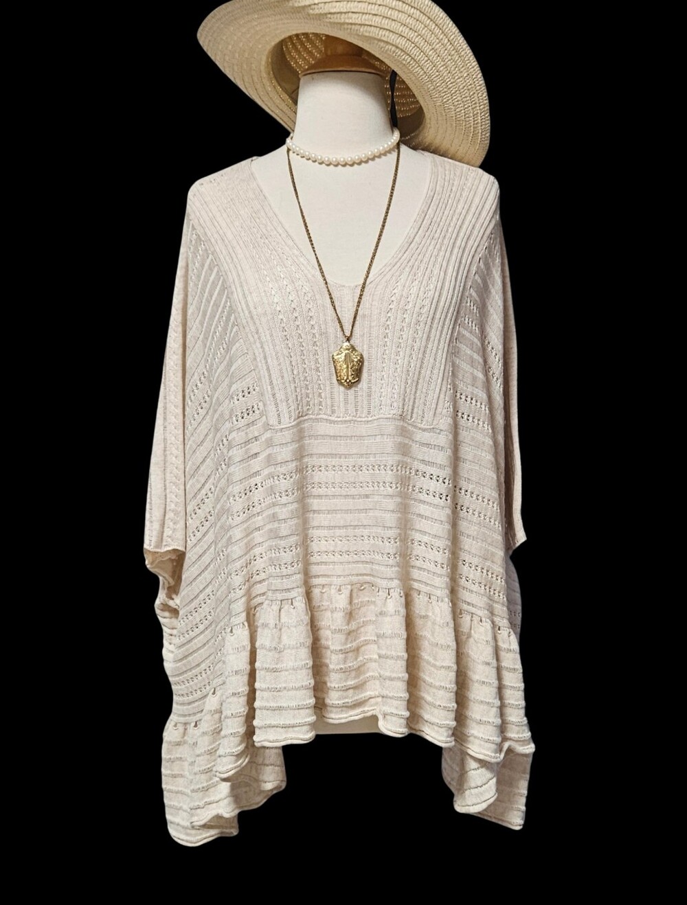 Mystree S/M Cream V-Neck Textured Knit Women's Sweater Tunic